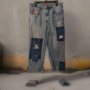 Empyre Pants Mens 30x24 Blue Patchwork Relax Straight Skate Y2K Jeans Bottoms